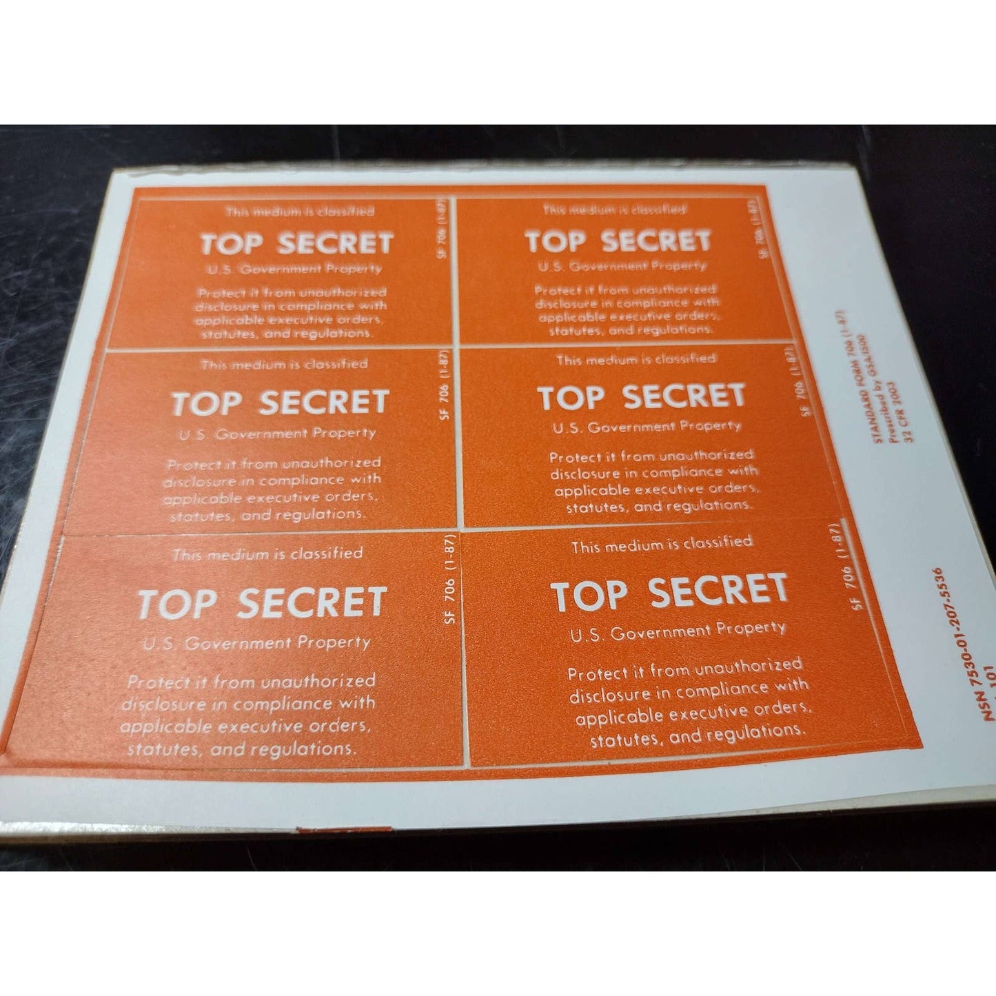 US Government Top Secret Property Sticker Sheet (x6 stickers) | FREE shipping!