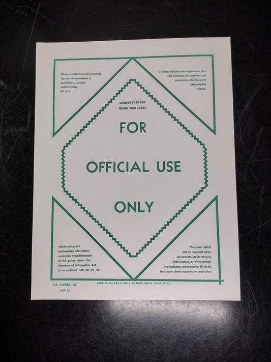 US Government "For Official Use Only" Document Cover Sheet | FREE Shipping