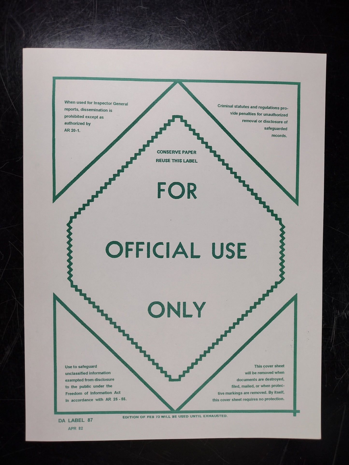 US Government "For Official Use Only" Document Cover Sheet | FREE Shipping