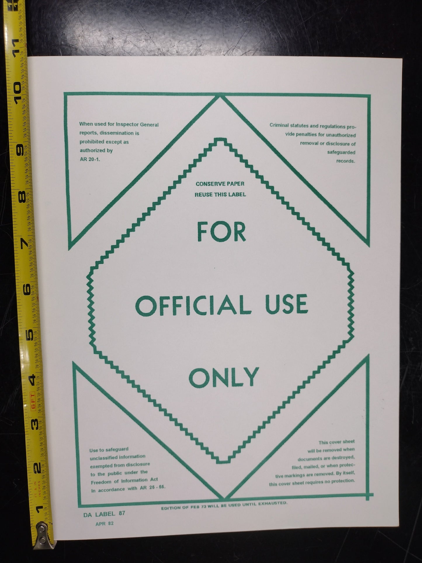 US Government "For Official Use Only" Document Cover Sheet | FREE Shipping