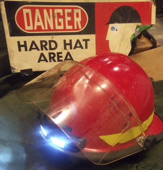 Military airbase fire helmets w/ led lights & visor! used condition | free us shipping! | military surplus firehelmet w/ visor and lights