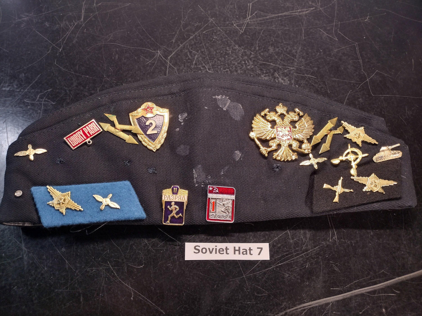 Soviet Russian Military Hat with Pins and Patches (Size: Unknown) | Soviet surplus Russian surplus russia military surplus