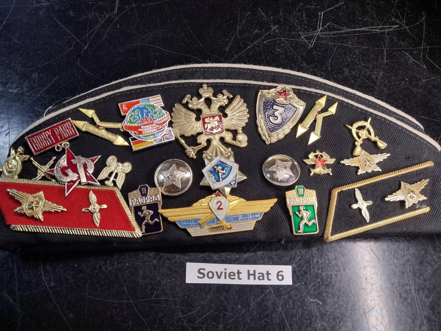 Soviet Russian Military Hat with Pins and Patches (Size 54? 1989) | Soviet surplus Russian surplus russia military surplus