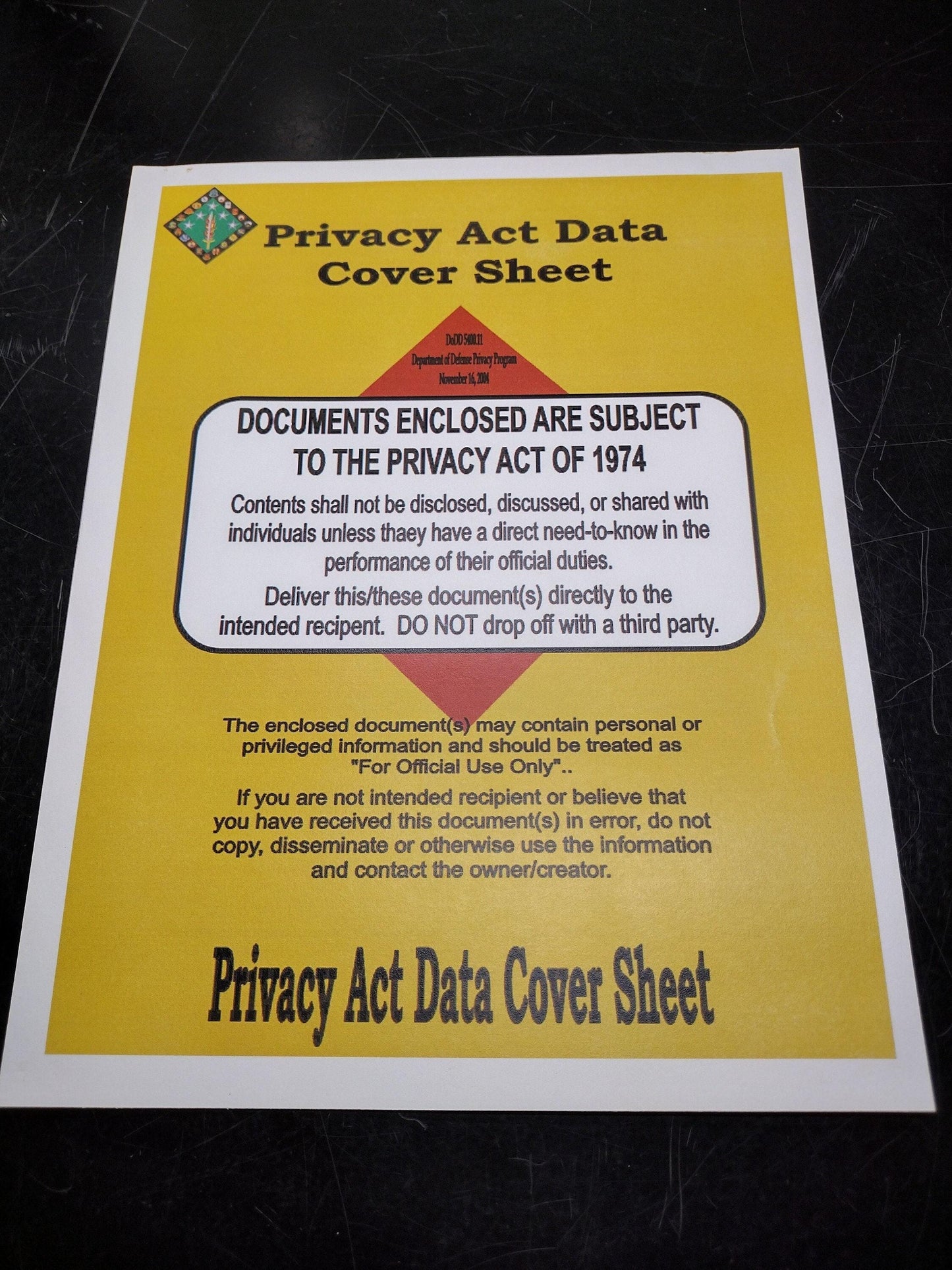 US Government Privacy Act Data Cover Sheet  Laminated Heavy Paper Sign | FREE US Shipping