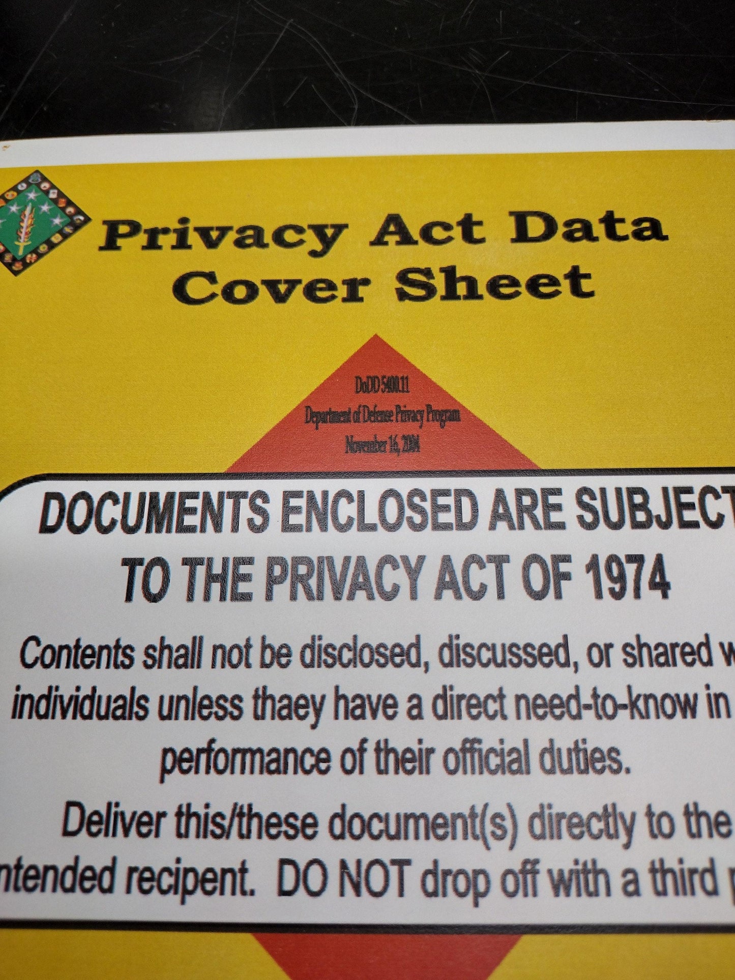 US Government Privacy Act Data Cover Sheet  Laminated Heavy Paper Sign | FREE US Shipping