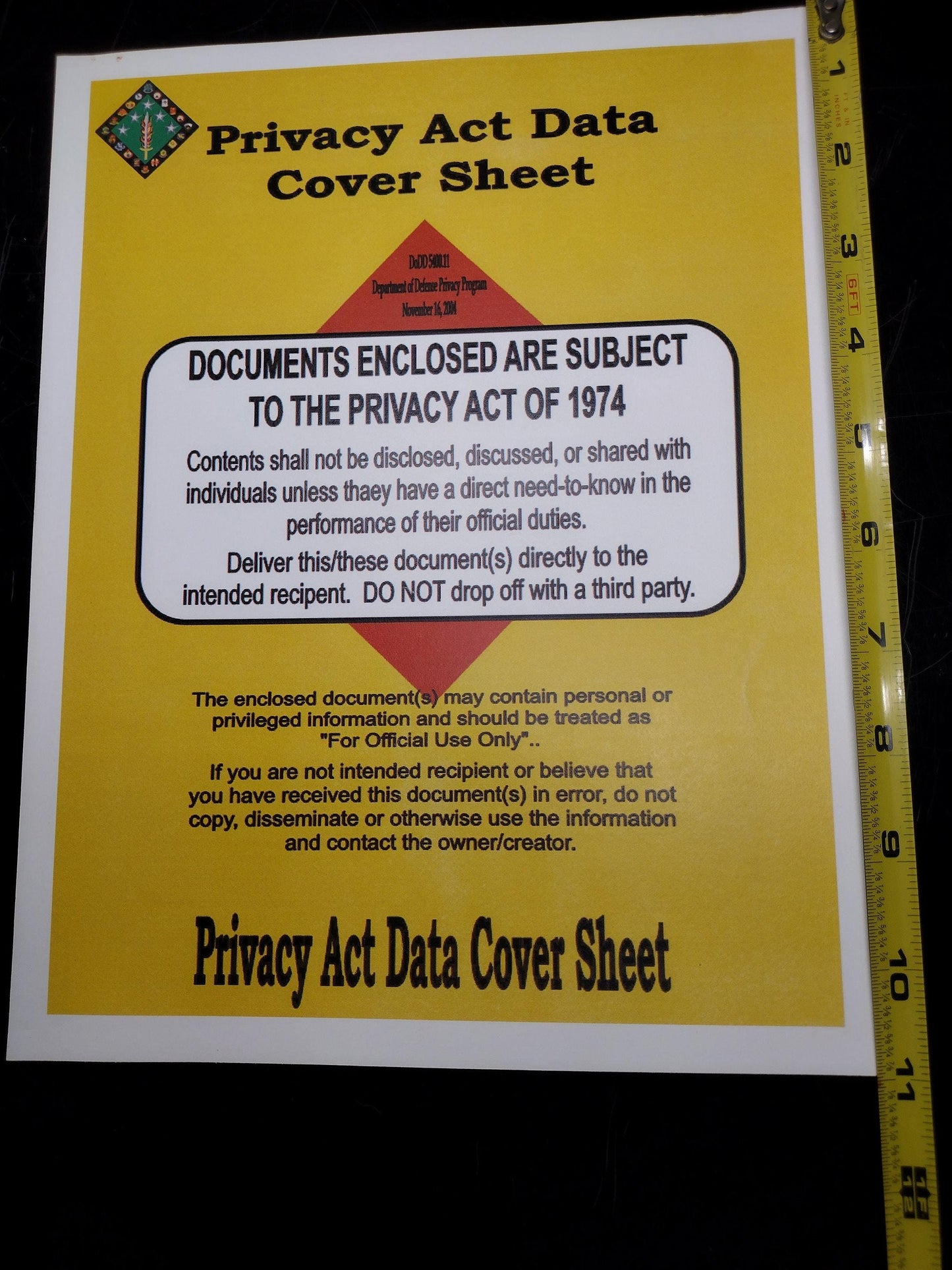 US Government Privacy Act Data Cover Sheet  Laminated Heavy Paper Sign | FREE US Shipping