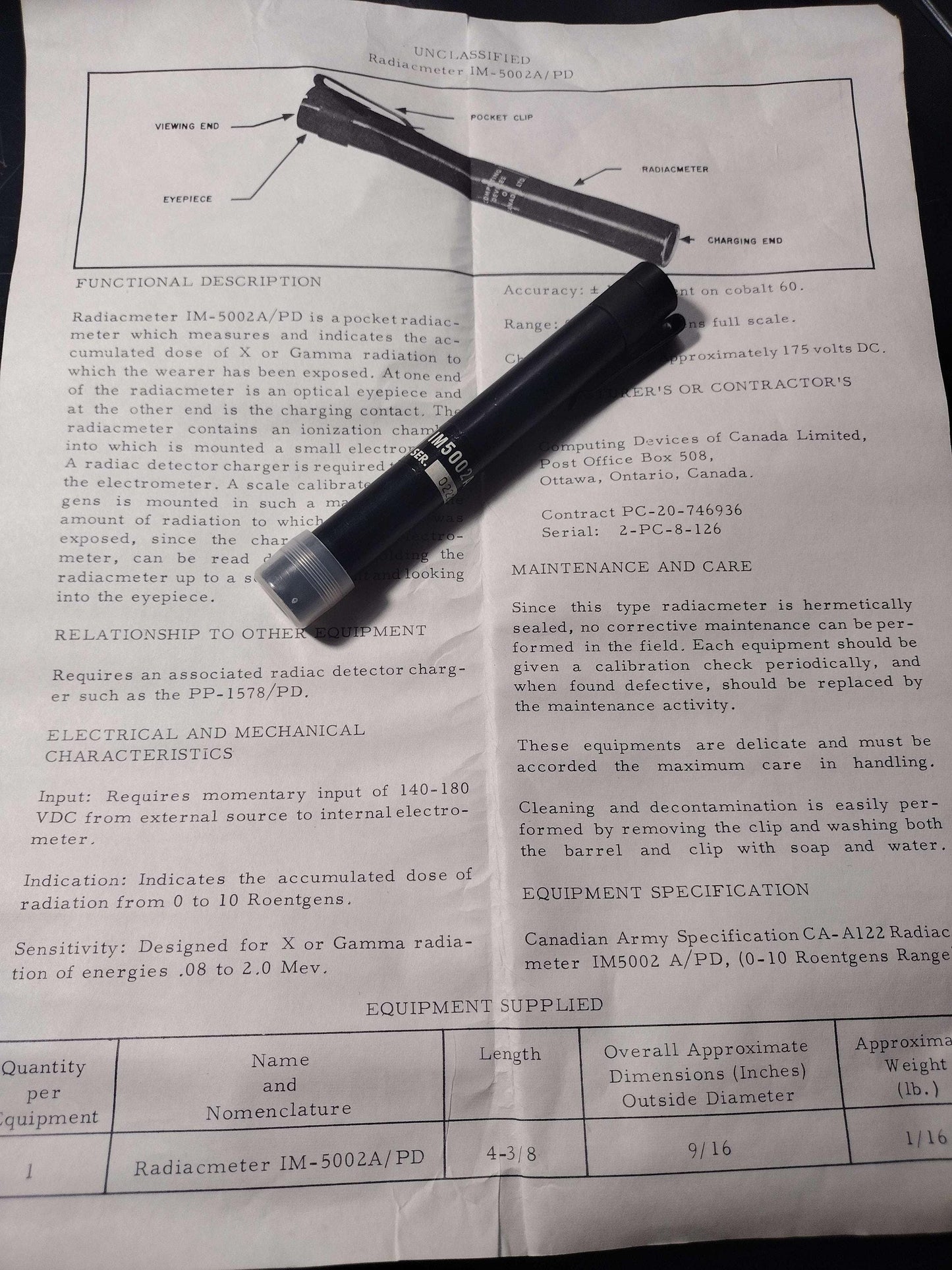 Vintage military dosimeter/radiacmeter 1960s canadian military im5002a/pd | free shipping | military surplus army surplus