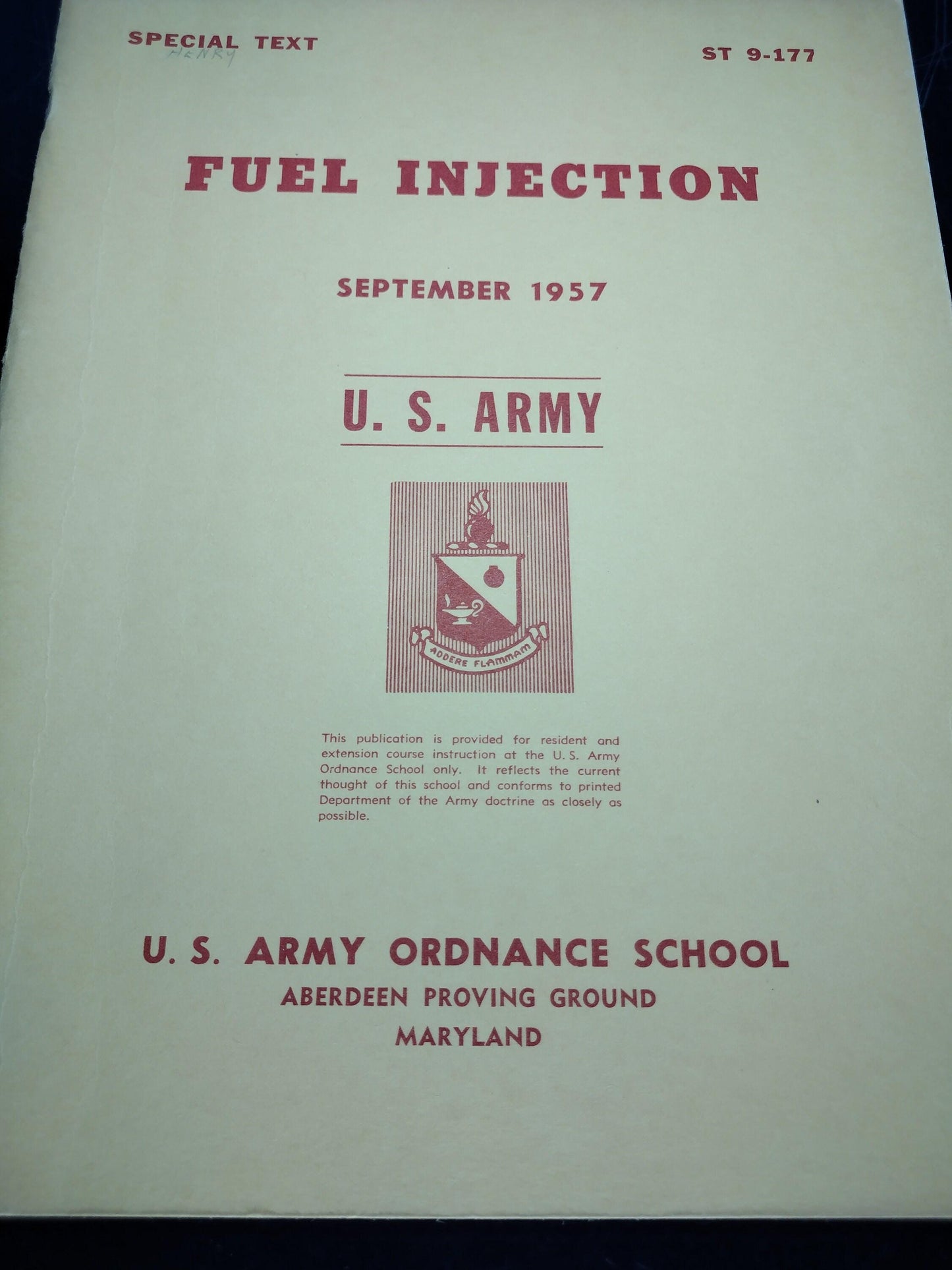 US Army Ordnance School Fuel Injection Ephemera Pamphlet Booklet (September 1957 ST 9-177)