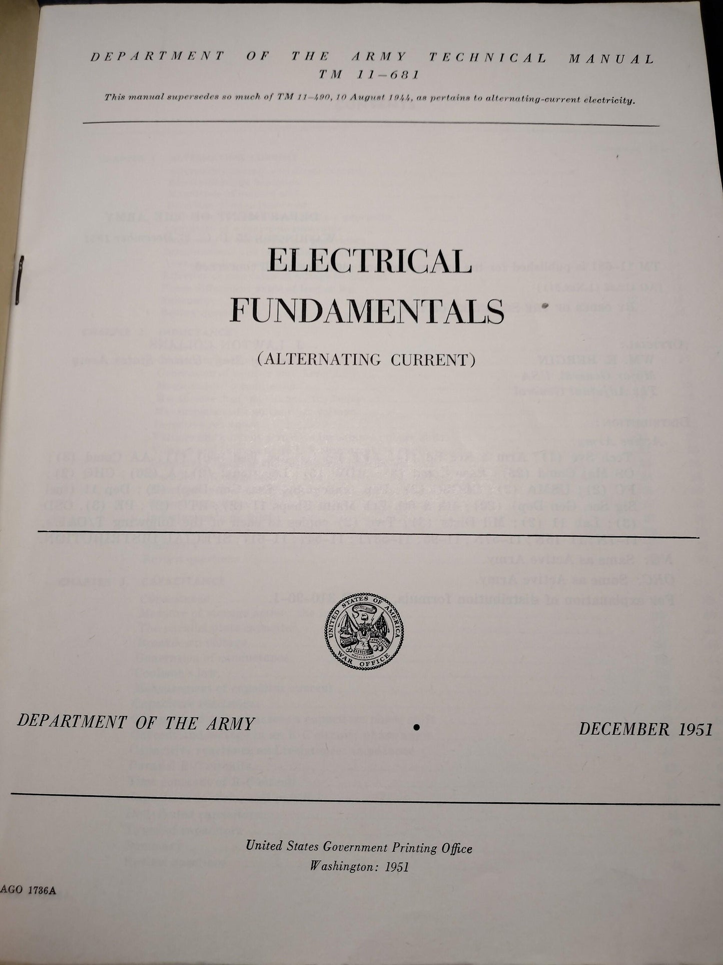 US Army Electrical Fundamentals Alternating Current Ephemera Pamphlet Booklet (December 1951 TM-11-681)