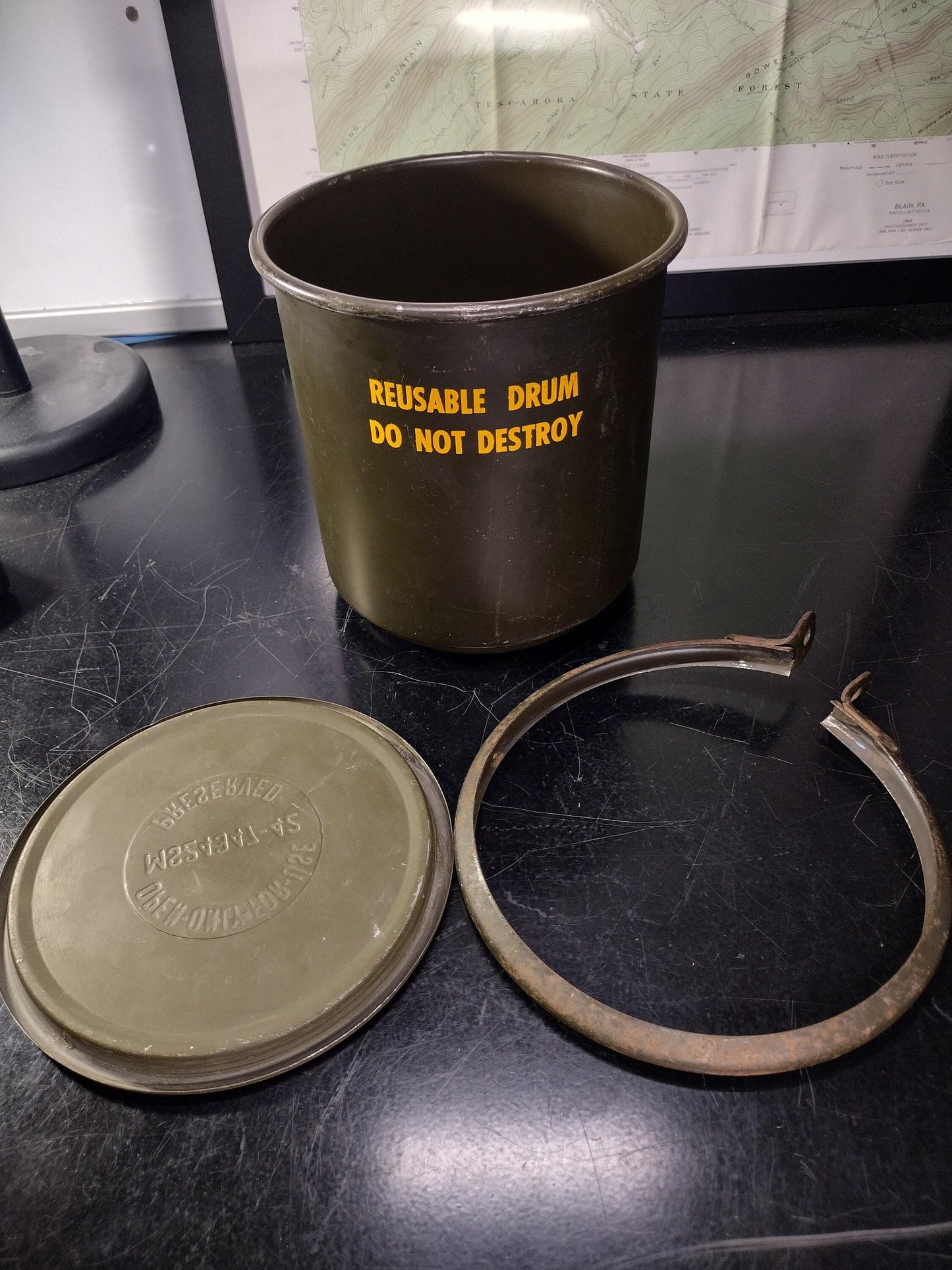 Antique US Military Metal Drum w/ Lid and Ring (1967) | FREE US Shipping!