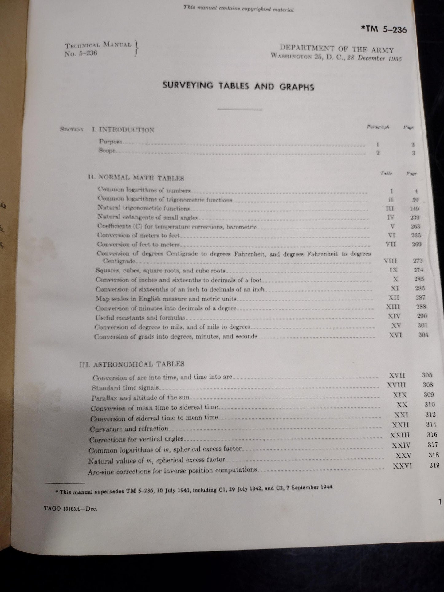 US Army Surveying Tables And Graphs (Dec 1955 - TM 5-236)