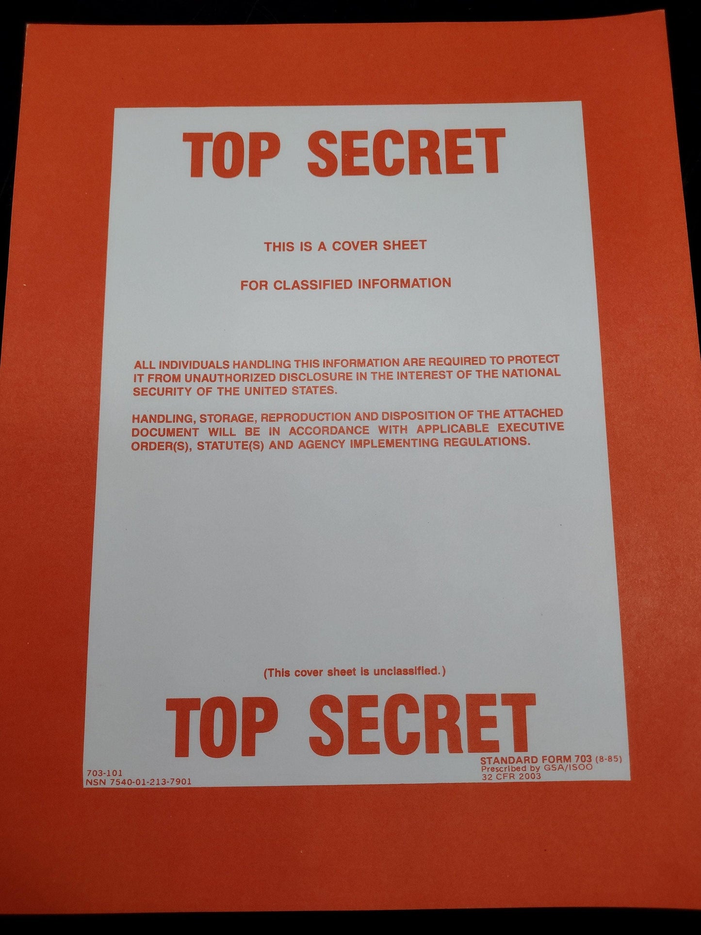 US Government Top Secret Document Heavy Paper Cover Sheet Sign | FREE US Shipping