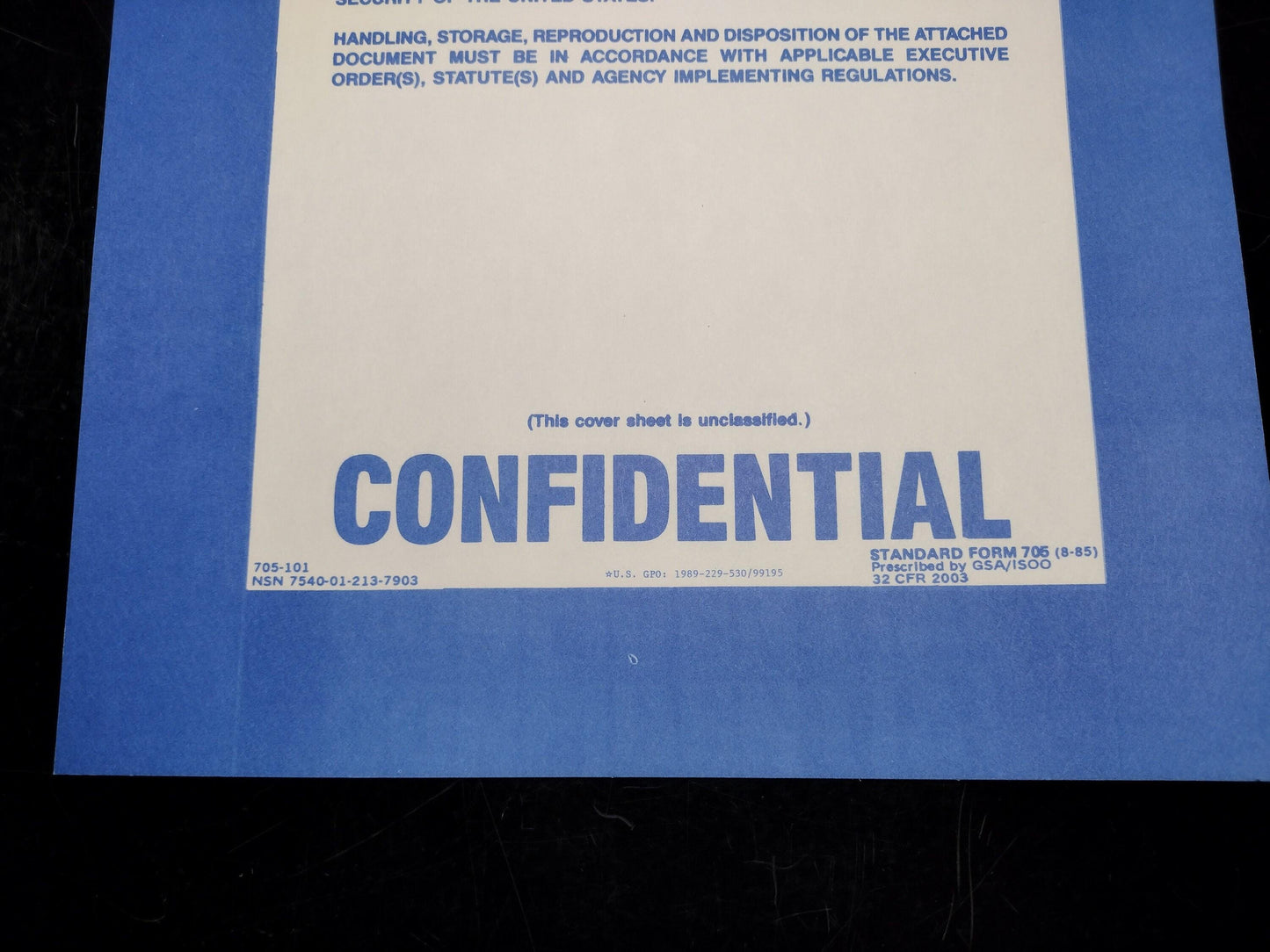 US Government Confidential Document Heavy Paper Cover Sheet Sign